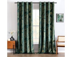Fluwelen gordijn met bladgoudpatroon, set van 2 fluwelen gordijnen, smaragdgroen met oogjes, 2 x H 225 x B 140 cm, dikke zachte gordijnen, fluweel, ondoorzichtige fluwelen gordijnen voor de woonkamer