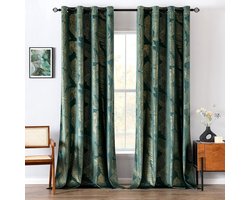 Fluwelen gordijnen met goudfolie-bladerpatroon | Donkergroen | 175 cm hoog | Ondoorzichtig | Voor woonkamer en slaapkamer | Superzacht