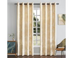 Fluwelen Gordijnen met Goudfolie en Bladerpatroon - Set van 2 - Crème Fluwelen Gordijnen met Ringen - 225 cm Hoog - Superzacht en Ondoorzichtig - Voor Woonkamer en Slaapkamer Decoratie