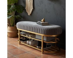 Fluwelen Halbank Grijs 80x32x43cm – Moderne Schoenenbank met 2-Laags Gouden Schoenenrek – Luxe Zitbank Entree met Gestoffeerde Zitting & Premium Opberger voor Hal, Veranda & Slaapkamer - Ganeey