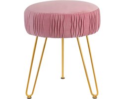 Fluwelen kruk - Kaptafel stoel - Voeten rusten - Gouden poten - Ronde vorm - Roze