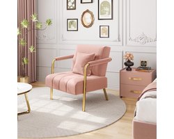 Fluwelen loungestoel, gestoffeerde stoel met metalen poten, enkele stoel 71,5 cm breed, relaxstoel voor woonkamer/thuiskantoor, roze