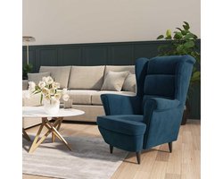 Fluwelen oorfauteuil - Velours stoel kruk - Ontspannen zitten - Inclusief voetenbank - 74 x 84 x 100 cm - Blauw