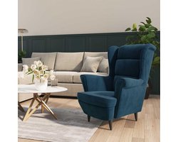 Fluwelen Oorfauteuil - Velours Stoel - Ontspannen Zitten - Inclusief Voetenbank - 74 x 84 x 100 cm - Blauw