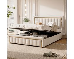 Fluwelen Opbergbed 160x200 Beige – Luxe Gestoffeerd Bed met Gouden Details – Tweepersoonsbed met Lift Opbergruimte & Lattenbodem