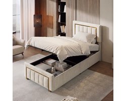 Fluwelen Opbergbed 90x200 Beige – Luxe Gestoffeerd Eenpersoonsbed met Gouden Details – Bed met Lift Opbergruimte & Lattenbodem