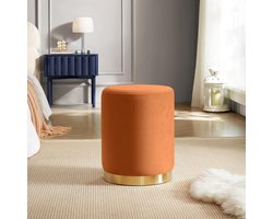 Fluwelen Poef Oranje met Gouden Metalen Onderstel - Art Deco Design Zitmeubel