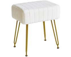 Fluwelen rechthoekige voetensteun, Ottomaanse kruk, make-up dressoir-kruk of -bijzettafel, fluwelen kaptafel-stoel, poef bankkruk met goudkleurige stalen poten, wit