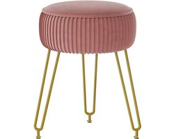 Fluwelen ronde voetensteun, kruk, Ottoman, make-up, ijdelheidspak, bijzettafel, fluwelen kleedtafel, zitpoef, bankkruk, gouden stalen poten, roze L/G-30P