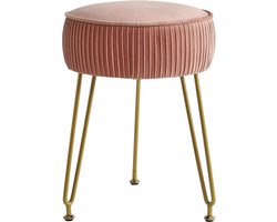 Fluwelen ronde voetensteun, kruk, voetensteun, make-upkruk, bijzettafel, fluwelen aankleedtafel, zitting, poef, bank, kruk, gouden stalen poten, roze LG-30P