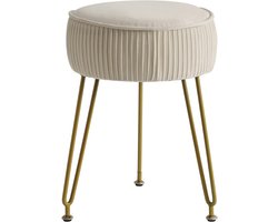 Fluwelen ronde voetensteun, voetensteun, poef, make-up, ijdelheid, kruk, salontafel, fluwelen dressingtafel, zitkruk, bank, gouden stalen poten, crème-wit, LG-30M