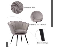 Fluwelen schelpstoel met armleuningen – Make-uptafelstoel of loungestoel met zwarte metalen poten – Grijs