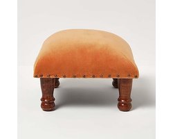 Fluwelen voetenbank oranje 40 x 40 cm - Moderne poef met massief houten poten