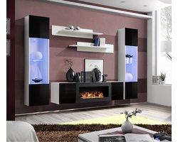 FLY M3 Meubel met Open Haard - Ruimtebesparend Wandmeubel met LED-verlichte Glazen Leggers - Wit/zwart
