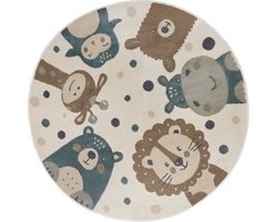 Flycarpets Adventures Rond Kindervloerkleed Beige / Bruin / Blauw - 140 cm - Dieren - Laagpolig Vloerkleed Kinderkamer