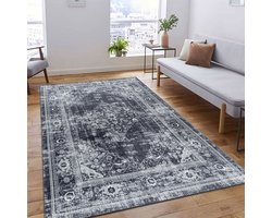 Flycarpets Amira Vintage Vloerkleed Zwart / Grijs - Wasbaar Laagpolig Vloerkleed - Woonkamer Tapijt - 160x230 cm