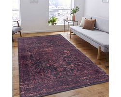 Flycarpets Amira Vintage Vloerkleed Zwart / Paars - Wasbaar Laagpolig - 160x230 cm