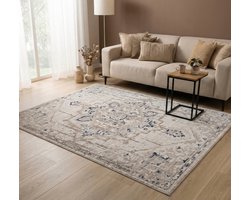 Flycarpets Ancora Vintage vloerkleed - Creme / Blauw - Laagpolig Tapijt Woonkamer - 160x230 cm