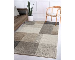 Flycarpets Belos Vloerkleed Geblokt - Beige / Grijs / Taupe - Laagpolig - 140x200 cm