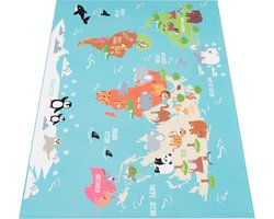 Flycarpets Binola Kindervloerkleed Blauw / Kleurrijk - 100x200 cm - Wereldkaart / Dieren Speelkleed / Speelmat - Laagpolig Vloerkleed Kinderkamer