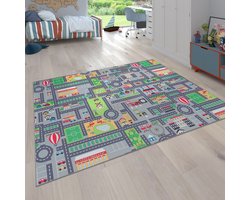Flycarpets Binola Kindervloerkleed Grijs / Kleurrijk - 100x200 cm - Auto Speelkleed / Speelmat Stad - Laagpolig Vloerkleed Kinderkamer