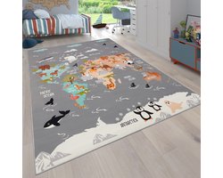 Flycarpets Binola Kindervloerkleed Grijs / Kleurrijk - 200x290 cm - Wereldkaart / Dieren Speelkleed / Speelmat - Laagpolig Vloerkleed Kinderkamer