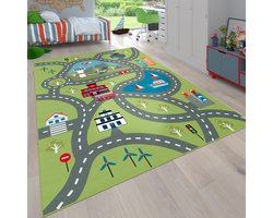Flycarpets Binola Kindervloerkleed Groen / Grijs - 140x200 cm - Speelkleed / Speelmat Auto - Laagpolig Vloerkleed Kinderkamer