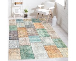 Flycarpets Burano Vintage Patchwork Vloerkleed - Multi - Groen - Oranje - Laagpolig Tapijt Woonkamer - 240x340 cm