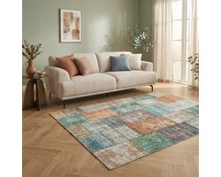 Flycarpets Burano Vintage Patchwork Vloerkleed - Multi - Groen - Oranje - Laagpolig Tapijt Woonkamer - 80x150 cm
