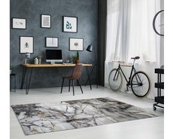 Flycarpets Carrara Modern Vloerkleed - Marmer Design - Kleur: Grijs / Goud - Afmeting: 200x290cm