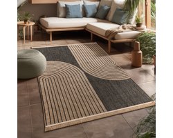 Flycarpets Colinna Jute Binnen en Buitenkleed Antraciet / Beige - 160x220 cm - Japandi Laagpolig Vloerkleed Buiten - Tuinkleed / Tuintapijt