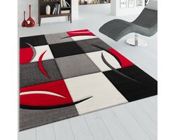 Flycarpets Diamesa Modern Vloerkleed - Rood / Zwart / Grijs - 120x170 cm - Laagpolig Tapijt Woonkamer