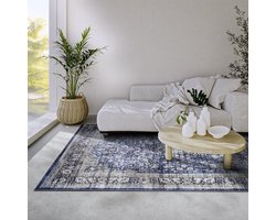 Flycarpets Freundin Home Collection - Asya Laagpolig Vintage Vloerkleed - Donkerblauw / Creme - 160x230 cm