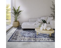 Flycarpets Freundin Home Collection - Asya Laagpolig Vintage Vloerkleed - Donkerblauw / Creme - 200x290 cm