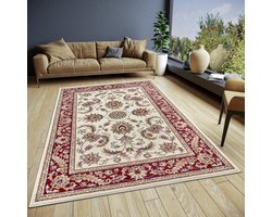 Flycarpets Klassiek Creme / Rood Vloerkleed Reni - Deurmat 57x90 cm - Oosters motief - Perzisch Tapijt Laagpolig