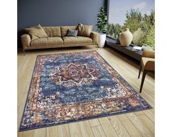 Flycarpets Klassiek Vintage Vloerkleed Maderno - Blauw / Multi - Deurmat 57x90 cm - Perzisch Tapijt Laagpolig - Woonkamer
