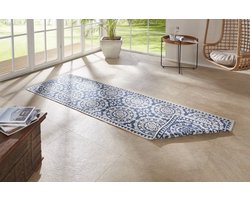 Flycarpets Loper Omkeerbaar Binnen & Buitenkleed Laagpolig Loper Jardin- Blauw / Creme - 80x350 cm