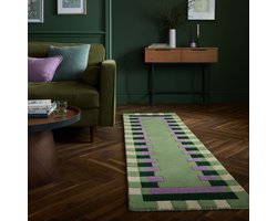 Flycarpets Loper Wollen Vloerkleed Kai - Kader - Lijstmotief - Groen / Paars 67x300 cm