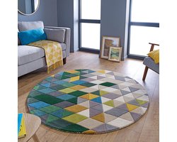 Flycarpets Prism Modern Laagpolig - 100% Wol - Driehoek Vloerkleed - Groen / Multi - 160x160 cm
