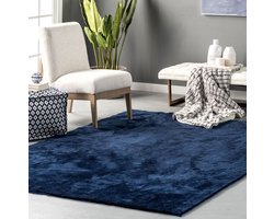Flycarpets Solid Hoogpolig & Wasbaar Effen Vloerkleed - Donkerblauw / Navy - Woonkamer Tapijt - 160x230 cm