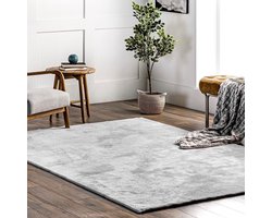 Flycarpets Solid Hoogpolig & Wasbaar Effen Vloerkleed - Zilver / Lichtgrijs - 240x340 cm