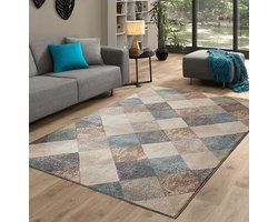 Flycarpets Terrain Vloerkleed - Beige / Blauw - Laagpolig Woonkamer Tapijt - 120x170 cm