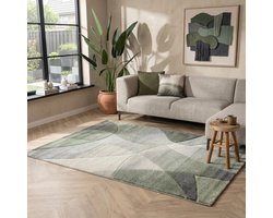 Flycarpets Vernazza Abstract Vloerkleed - Groen / Creme - 80x150 cm - Laagpolig Tapijt