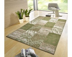 Flycarpets Vintage Patchwork Laagpolig Vloerkleed - Gloria - Creme / Groen - 160x230 cm