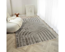 Flycarpets Zacht hoogpolig vloerkleed - Bohemian Arches Taupe Japandi - Woonkamer tapijt - 200x290 cm