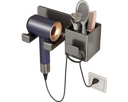 Föhn Houder voor Badkamer – Wandhouder voor Haardroger Zonder Boren – Aluminium Föhn Organizer met Opbergruimte – Haardroger Houder Wandrek met Kabelhouder – Badkamer Accessoires