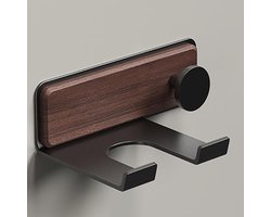 Föhnhouder Notenhout, Föhn Rek voor Badkamer, Muurbevestiging Föhn Hanger zonder Boren, Ruimtebesparend, 11 x 5,5 x 17,5 cm