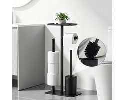 Fokelyi 4-in-1 WC Rolhouder Staand - Toiletrolhouder met Plankje en Toiletborstel - Zwart Vrijstaand Sanitair Rek - Geschikt voor 4 Rollen en Accessoires - Badkamer Organizer zonder Boren