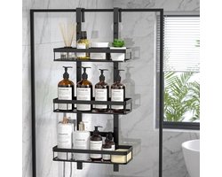 Fokelyi - Douche Organizer - Zonder boren - Badkamerrek - Doucheplank voor Glazen Douchedeur - 3-Laags - Hangend / Hangende - RVS - Badkamer Ophangsysteem Max 10kg - Zwart