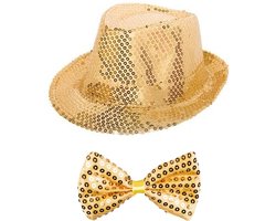 Folat party carnaval set - gouden verkleed hoedje - en vlinderstrikje - goud - glitter and glamour